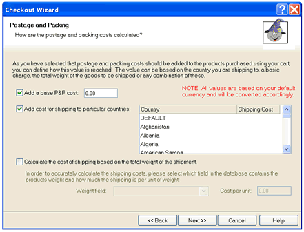 multiple currency options and fully configurable postage and packing options